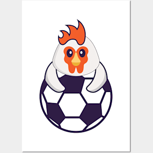 Cute chicken playing soccer. Posters and Art